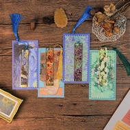 4 Pieces Metal Bookmarks with Tassel, Handmade Golden Hollow Bookmark Oil Painting Theme Book Mark B