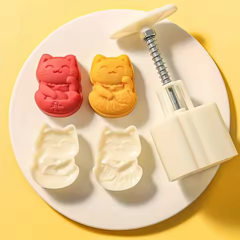 Cute Fortune Cat Moon Cake Mold, Including 1 Mold And 2 Stamps,DIY Hand Press Moon Cake Stamps,Mung 
