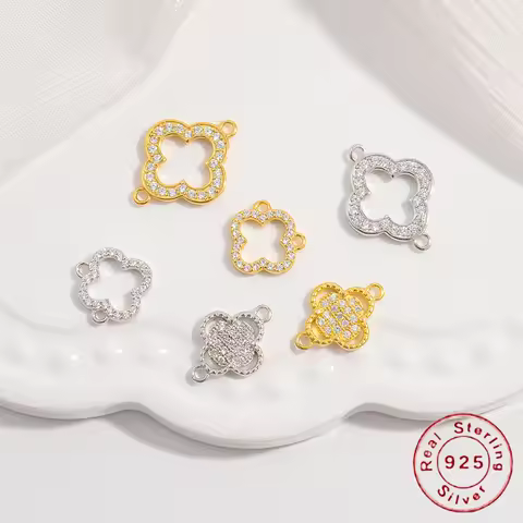 S925 Sterling Silver Hollowed-Out lucky Four-Leaf Clover Connector Clover Charm Pendant for Necklace