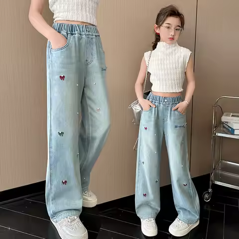 teen girls Embroidered bow nail bead jeans Streetwear Kids Child y2k Hip-hop High Waist Straight Loo