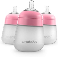 [3010A] Nanobébé Flexy Silicone Baby Bottle, Anti-Colic, Natural Feel, Non-Collapsing , Non-Tip Stable Base, Easy to Clean, 3-Pack, Pink, 9oz 270ml