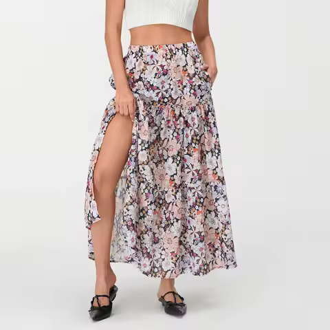 Women Floral Flowy Slit Skirt Elegant Fashion Long Skirt High Waist Summer Skirt Female Casual Flowy