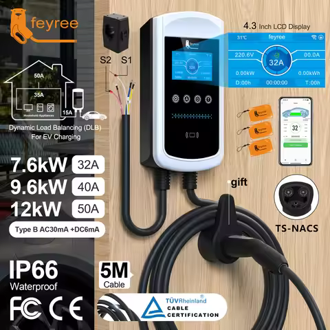 feyree Dynamic Load Balancing EV Charging Station 32A 7kW TS-NACS Charger Plug Car Charger EVSE Wall