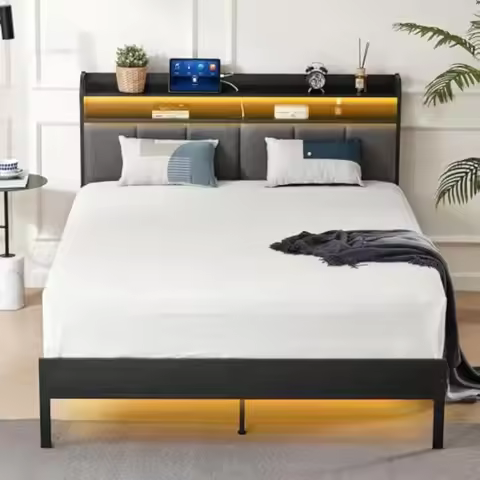 Upholstered King Size Bed Frame Upgraded King Bed Frame with LED Lights Headboard Footboard King Pla