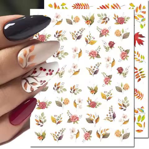 3d Nail Art Decals Autumn Maples Leafs Retro Red Yellow Roses Flowers Adhesive Sliders Nail Stickers