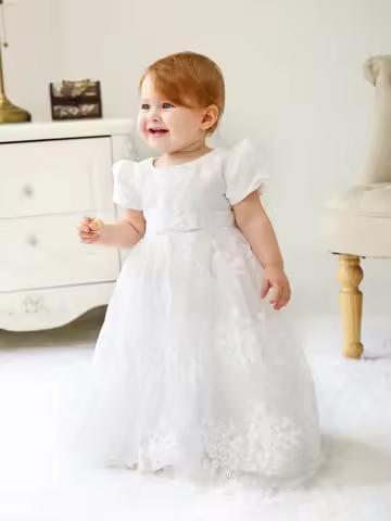 Baby Girl 0-2 Years Old White Baptism Dress Birthday Party Wedding Flower Girl Veil Dress Long Dress