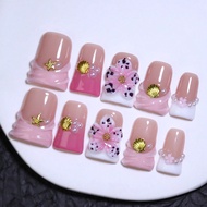 10pcs Short Duck 3D Nails Handmade Flower Pattern Nail Decoration Y2K Style Press On Nails With Gold