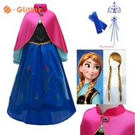 Frozen Anna Princess Dress for Kids Girl Cosplay Costume Kid The Snow Queen Long Sleeve Dresses Wig Crown Accessories Children Birthday Carnival Party Set
