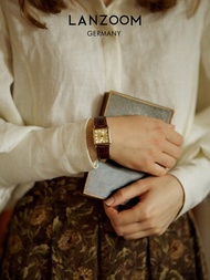 Lanzoom女士手錶 316l不鏽鋼材質 复古羅馬數字刻度正方形表盤 黑色皮帶石英手錶 精品,時尚,精致,適合日常飾品