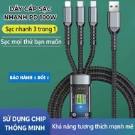 100W 3-Head Fast Charging Cable, 1.2m Long. 3-in-1 Anti-break, Anti-Tangle Charging Cord - 2-port ch