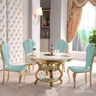 Good productLight Luxury Post-Modern Stainless Steel Dining Tables and Chairs Set Marble round Table Villa Dining Table