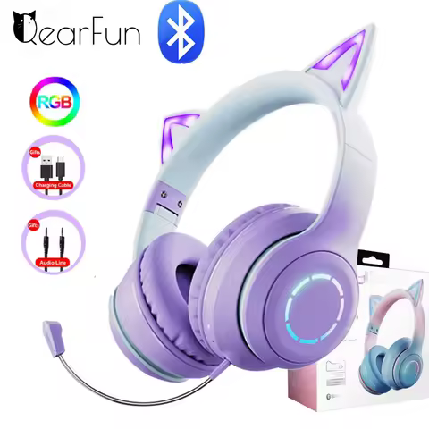 QearFun Gradient Pink Cat ear Headphones with Mic for Kawaii Girls Kids Phone MP3 HiFi Stereo Music 