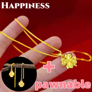 Philippines Ready Stock pure 18k Gold Pawnable Saudi Gold Original  Necklace for Women Four Leaf Clover Korean Style Party Wedding Engagement Birthday Gifts Ladies Decorations Buy 1 Take 1 free Four leaf clover earrings