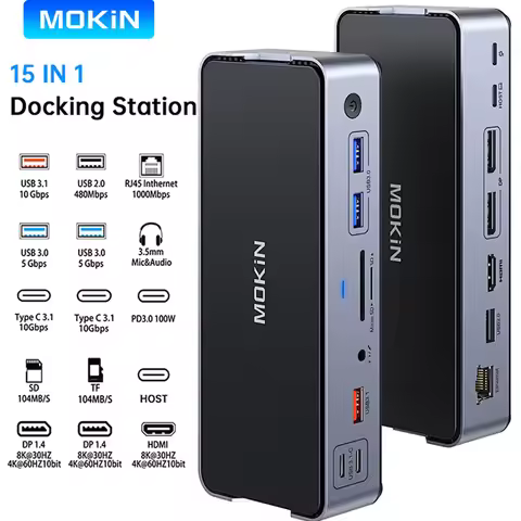MOKiN 15 IN 1 USB Docking Station USB C to 8K HDMI Display USB 3.1 100W PD Charger SD&TF USB C Dock 