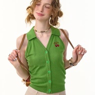 ziziFei夏季無袖上衣短款外穿櫻桃刺繡修身polo領開衫針織背心女