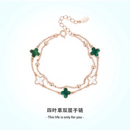 18k Gold Four-Leaf Clover Double-Layer Bracelet Female Niche Design AU750 Colorful Gold Malachite Br
