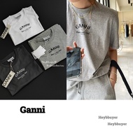 Ganni 25 Spring Summer New Style Round Neck Letter Printed Short-Sleeved Top T-Shirt Summer Pure Cot