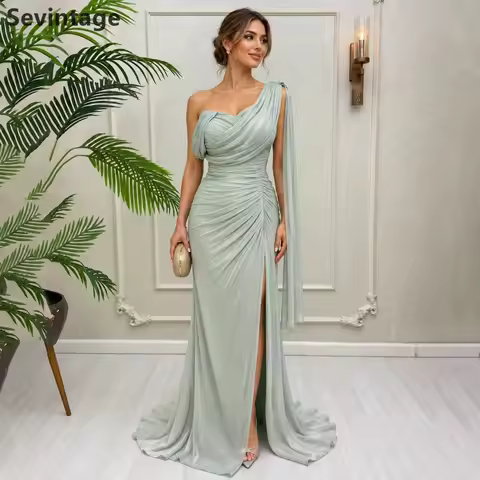 Sevintage Sage Green One Shoulder Draped Ruched Crinkle Crepe Maxi Dress Sage Green High Slit Shiny 
