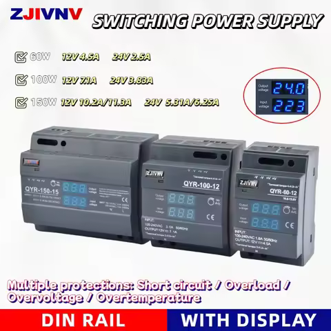 60W 100W 150W Din Rail Switching Power Supply With Digital Display AC 100-240V to DC 12V 24V QYR-60 