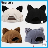 AURORY Brimless Hat, Adjustable Rolled Cuff Melon Docker Cap, Cute Leopard Print Cat Ears Solid Colo