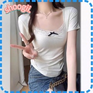SHOOGEL Lace Short Sleeve T-shirt, Bow Plain Design Style Cropped Top,  Korean Style Lace Low Cut Cropped Top Women