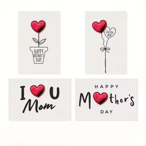 4pcs Mother's Day Card with Leather 3D Heart Design - A Unique and Elegant Gift for Mom