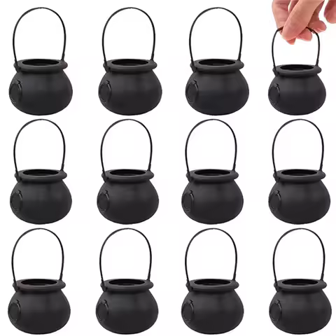 Halloween Witch Cauldron Decoration,Mini Black Plastic Witches Cauldron,Pumpkin Treat Bucket,Candy B