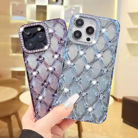 Rhombus Lattice Glitter Phone Case For Samsung Galaxy S26 S25 S24 S23 Ultra Plus 5G A16 Wrist Strap 