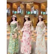 Set 2 Piece women's 2-strap floral chiffon dress with metallic silkJacket