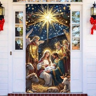 1pc Nativity Scene Christmas Banner - 2D Flat Door Decoration With Mary, Shepherds & Angels, Starry 