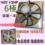 通風機 抽風機 電風扇 抽煙機(台灣製造) 白鐵型 16吋 1/2HP 6極『工業低噪音』免運 單相 工業排風機 吸排