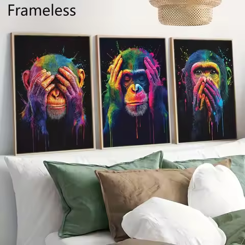 2D Flat 3pcs/set Modern Three Wise Monkeys Canvas Wall Art Poster Frameless Abstract Funny Monkeys P