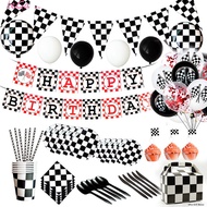 【Ready Stock】Black White Racing Car Plaid Theme Birthday Party Decoration Tableware Set Banner Sequin Balloon Paper Plate Cup Birthday Christmas Halloween Wedding Party Supplies