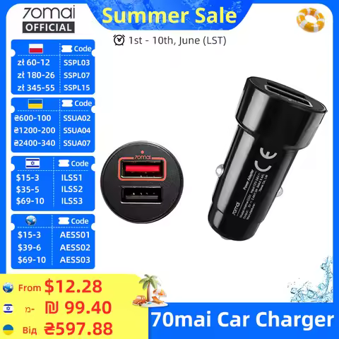 70mai Dual USB Car Charge Mini 2 USB Port 70mai Car Charger 70MAI Dual USB Car Adapter for All 70mai