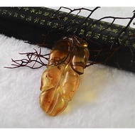 [Disk Crystal] [Successful Career] Natural Burmese Amber Gold Blue Leaf Carving Pendant JX-13 (43x20
