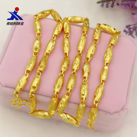 24K Gold AU999 Solid Olive Bead Necklace Men's - Regular beads layout, heavy chain, matte texture, h