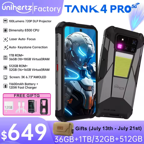 Unihertz 8849 Tank 4 Pro 5G Projector Smartphone 36GB 1TB Dimensity 8300 Android 14 Phone 11600mAh 7