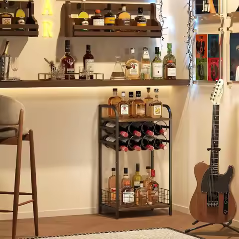 3-Tier Wine Bar Table: Small Liquor Bottle Holder with 8-Bottle Wine Rack Mini Wine Bar Cabinet Corn