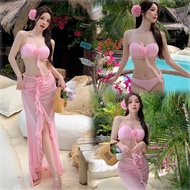 บิกินี่ ชุดว่ายน้ํา bikini sexy ชุดว่ายน้ำบิกินี่แม็กซี่กระโปรงสามชิ้นสีชมพู