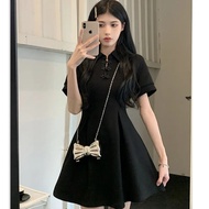 New Year Chinese Style Black Cheongsam Dress Womens Polo Collar Button Dress A-line Skirt Puff Sleeve Skirt COD