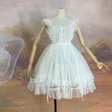 Elegant Lolita Mesh Mini Dress Japanese Style Lace Sleeeveless Dress Basic Two Way Cover Up Dress Dr