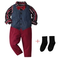Baby Boys damit Autumn Gentleman Birthday Suits Kid Party Dress Cotton Long Sleeve Bowtie Shirt Ve 5
