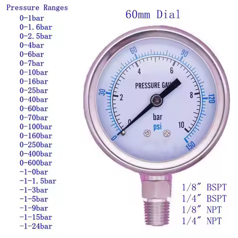 1/8" 1/4" BSPT/NPT 60mm Dial -1 To 600 Bar Pressure Gauge 304 Stainless Bar PSI N2 Steam Brewing Pne