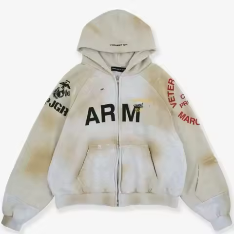 Grailz Project G/R Vintage Distressed Fade-Washed Vintage-Look Zipper Hoodie Oversized High-Street D