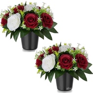 Artificial Grave Flowers Pots: Set of 2 White Rose Silk Cemetery Flower Funeral Outdoor Decoration M