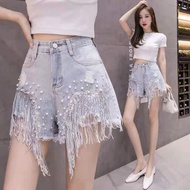2025 Spring Summer Denim Shorts Women High Waist Diamond-studded Heavy Industry Sequined Flow Denim 