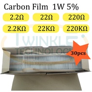 Resistor 1W 2.2 ohm, 22 ohm, 220 ohm, 2.2K ohm, 22K ohm, 220K ohm 1W 5% 30 Units / Pack