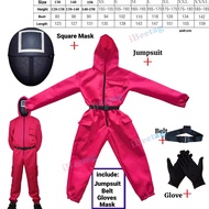 《1008》Squid game ชุดป้องกันสำหรับเด็กและผู้ใหญ่เซ็ตจั้มสูทวันฮาโลวีนสีชมพูและดำเครื่องแต่งกายสำหรับก