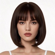 Deep Brown Straight Synthetic Wig With Bangs, Bobcut Style, Heat Resistant, Suitable For Daily Wear,
