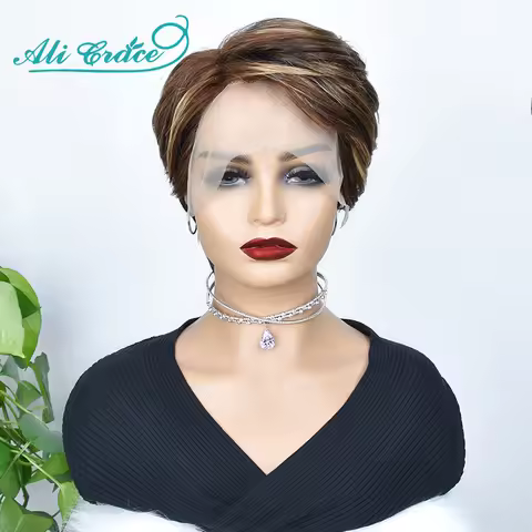 Ali Grace Wigs 4/27 Color Pixie Cut Bob Wigs Brazilian Straight Short Bob 13x5x1 Lace T1B/27 T1B/99J